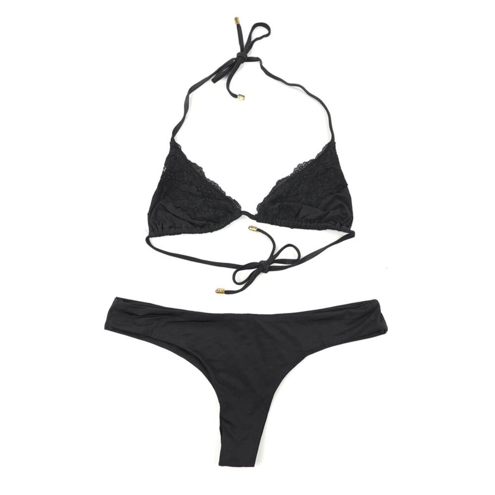 BEACH BUNNY Lady Lace Triangle Top Matching Bottom Set Black 90s Y2k Minimal